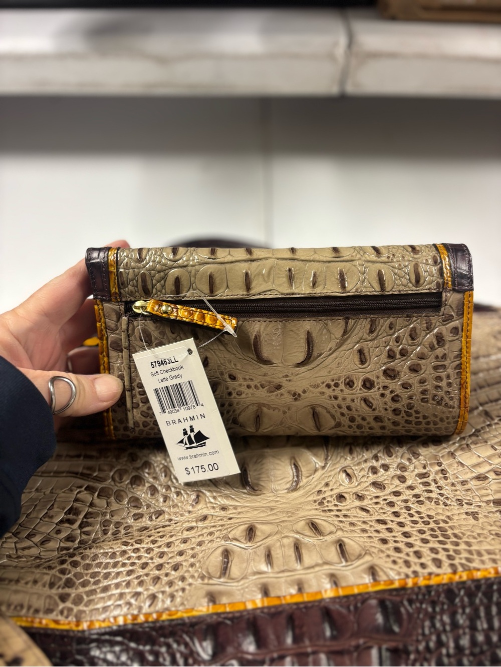 Brahmin Croc-Embossed Satchel in Beige and Dark Brown with Yellow Trim - Picture 14 of 16